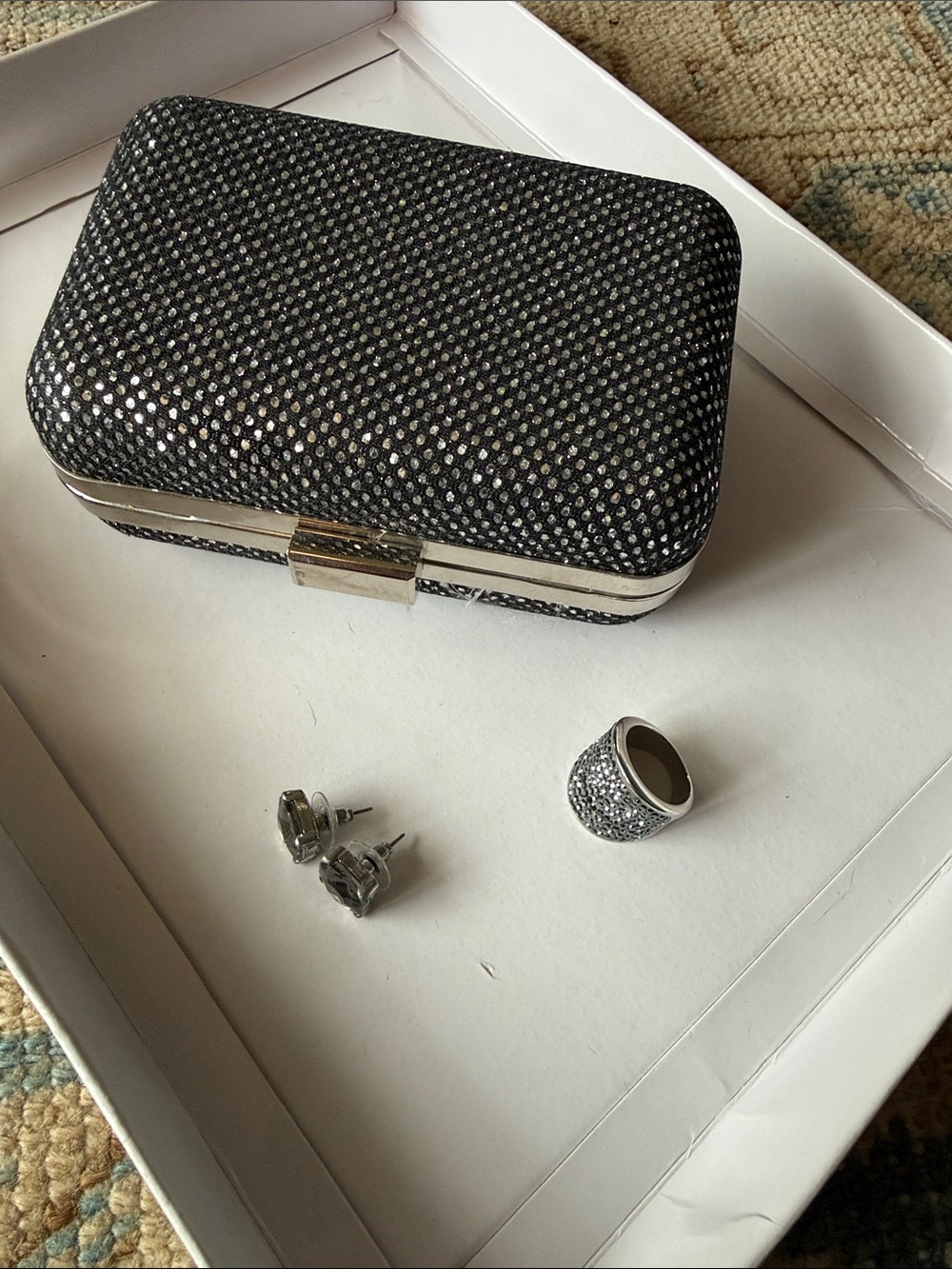 Black and Silver Crystal Clutch with Matching Jewelry